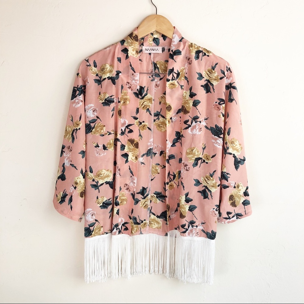 LF NAANAA Pink Rose Floral Fringe Kimono Cardigan